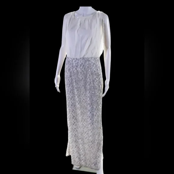 Aidan Mattox White Silver Sequin Gown, Sz 8, EUC